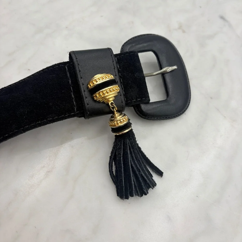 Vintage Suede Tassel Belt Women XL Black Gold Wide Waist  display picture 3